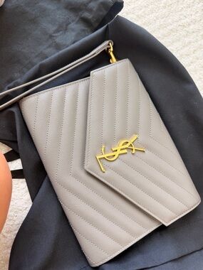 Yves Saint Laurent Grey Quilted Leather Chevron YSL Crossbody with Gold Logo